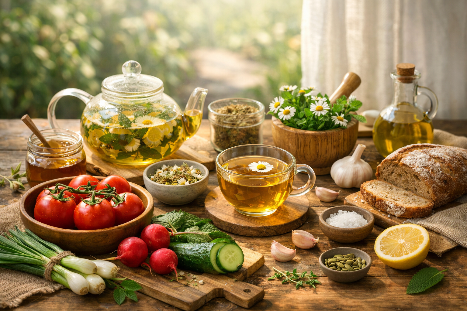 peaceful morning scene with herbal tea, fresh vegetables, and natural ingredients on a wooden table in soft daylight